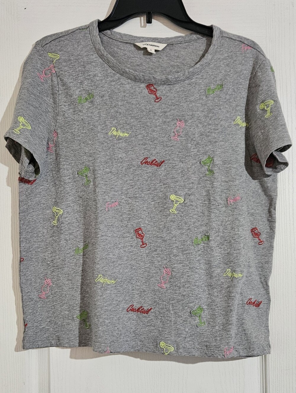 Lucky Brand Women's Gray Short Sleeve Tee with Neon Cocktail Embroidery